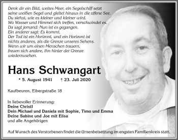 Traueranzeige von Hans Schwangart von Allgäuer Zeitung, Kaufbeuren/Buchloe