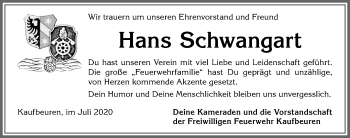 Traueranzeige von Hans Schwangart von Allgäuer Zeitung, Kaufbeuren/Buchloe