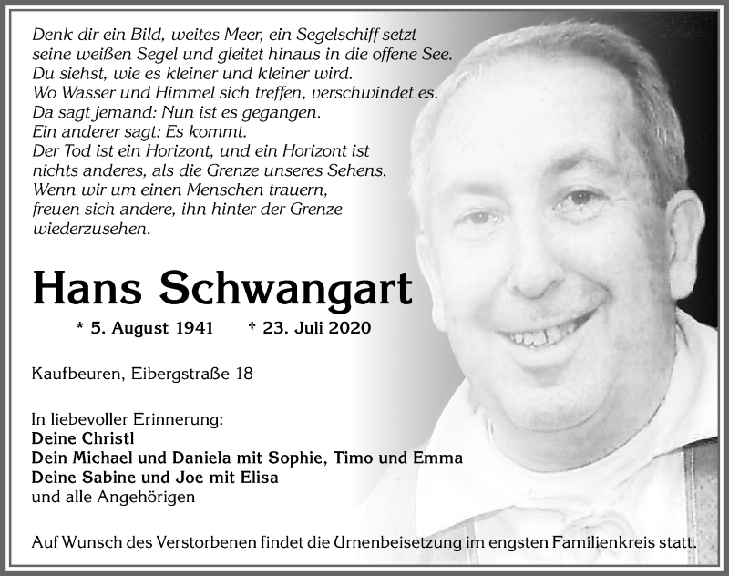  Traueranzeige für Hans Schwangart vom 25.07.2020 aus Allgäuer Zeitung, Kaufbeuren/Buchloe