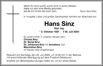 Traueranzeige von Hans Sinz von Memminger Zeitung