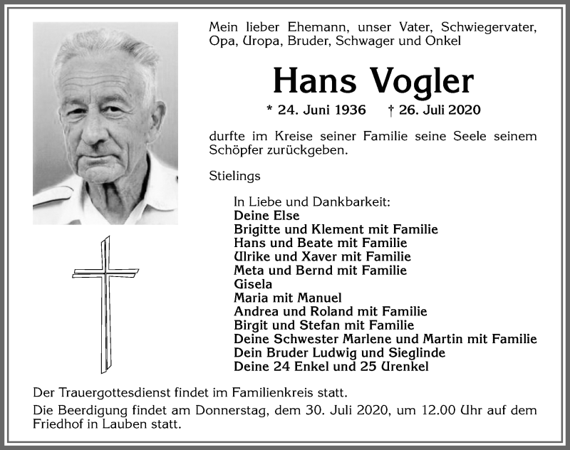  Traueranzeige für Hans Vogler vom 28.07.2020 aus Allgäuer Zeitung,Kempten