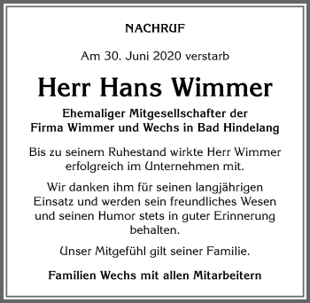 Traueranzeige von Hans Wimmer von Allgäuer Anzeigeblatt