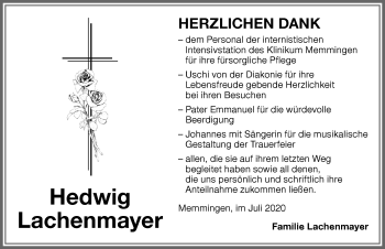 Traueranzeige von Hedwig Lachenmayer von Memminger Zeitung
