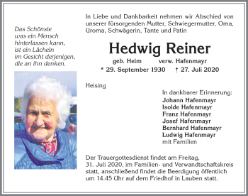 Traueranzeige von Hedwig Reiner von Allgäuer Zeitung,Kempten