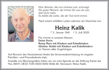 Traueranzeige von Heinz Kalik von Allgäuer Zeitung, Kaufbeuren/Buchloe