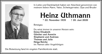 Traueranzeige von Heinz Uthmann von Allgäuer Zeitung,Kempten