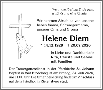 Traueranzeige von Helene Diem von Allgäuer Anzeigeblatt
