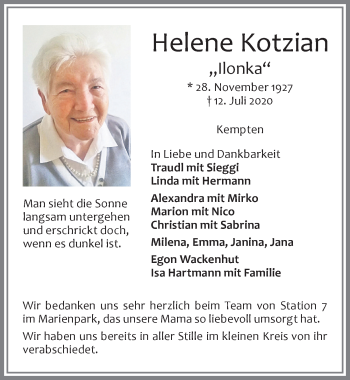 Traueranzeige von Helene Kotzian von Allgäuer Zeitung,Kempten