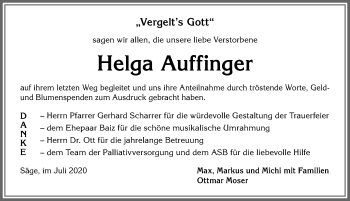 Traueranzeige von Helga Auffinger von Allgäuer Anzeigeblatt