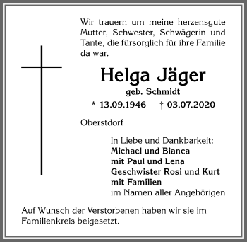 Traueranzeige von Helga Jäger von Allgäuer Anzeigeblatt