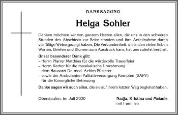 Traueranzeige von Helga Sohler von Allgäuer Anzeigeblatt