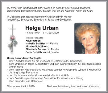 Traueranzeige von Helga Urban von Memminger Zeitung