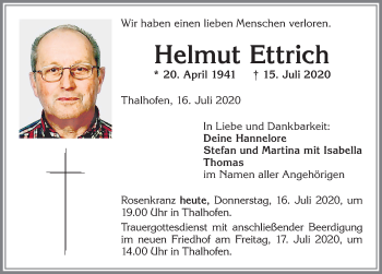 Traueranzeige von Helmut Ettrich von Allgäuer Zeitung, Marktoberdorf
