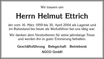 Traueranzeige von Helmut Ettrich von Allgäuer Zeitung, Marktoberdorf