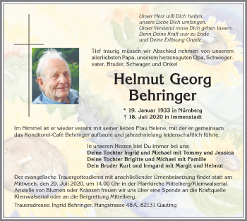 Traueranzeige von Helmut Georg Behringer von Allgäuer Anzeigeblatt