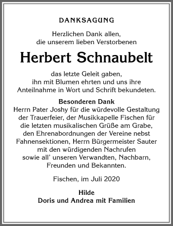 Traueranzeige von Herbert Schnaubelt von Allgäuer Anzeigeblatt