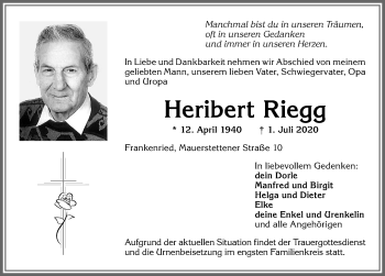 Traueranzeige von Heribert Riegg von Allgäuer Zeitung, Kaufbeuren/Buchloe