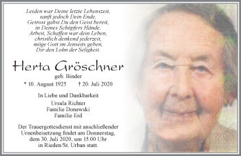 Traueranzeige von Herta Gröschner von Allgäuer Zeitung, Füssen