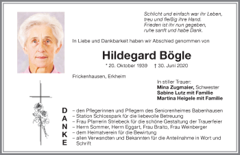 Traueranzeige von Hildegard Bögle von Memminger Zeitung