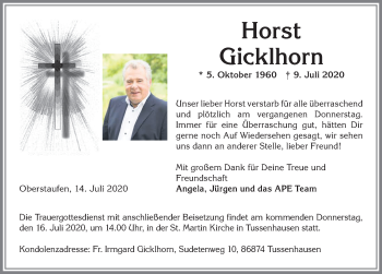 Traueranzeige von Horst Gicklhorn von Allgäuer Anzeigeblatt
