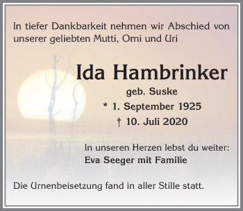 Traueranzeige von Ida Hambrinker von Allgäuer Zeitung, Kaufbeuren/Buchloe