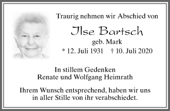 Traueranzeige von Ilse Bartsch von Allgäuer Zeitung, Füssen