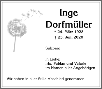 Traueranzeige von Inge Dorfmüller von Allgäuer Zeitung,Kempten