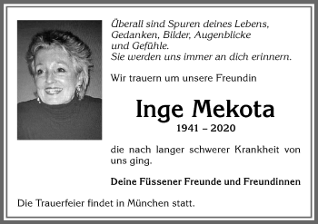 Traueranzeige von Inge Mekota von Allgäuer Zeitung, Füssen