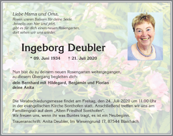 Traueranzeige von Ingeborg Deubler von Allgäuer Anzeigeblatt