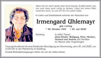 Traueranzeige von Irmengard Uhlemayr von Allgäuer Zeitung,Kempten