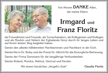 Traueranzeige von Irmgard Floritz von Allgäuer Zeitung,Kempten