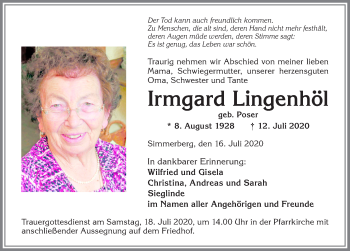 Traueranzeige von Irmgard Lingenhöl von Allgäuer Anzeigeblatt