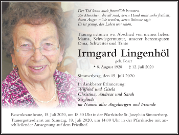 Traueranzeige von Irmgard Lingenhöl von Der Westallgäuer