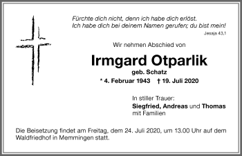 Traueranzeige von Irmgard Otparlik von Memminger Zeitung