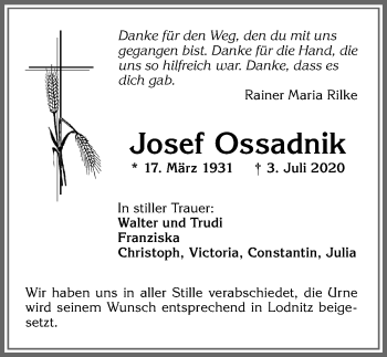 Traueranzeige von JUosef Ossadnik von Allgäuer Zeitung