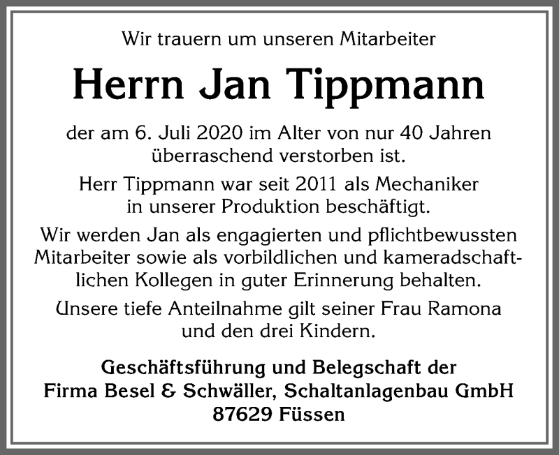  Traueranzeige für Jan Tippmann vom 16.07.2020 aus Allgäuer Zeitung, Füssen