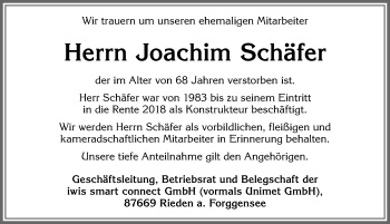 Traueranzeige von Joachim Schäfer von Allgäuer Zeitung, Füssen