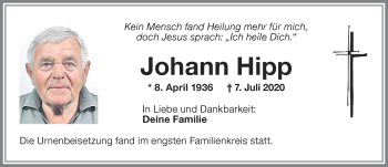 Traueranzeige von Johann Hipp von Memminger Zeitung