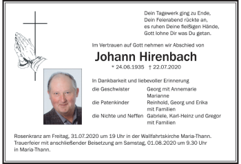 Traueranzeige von Johann Hirenbach von Der Westallgäuer