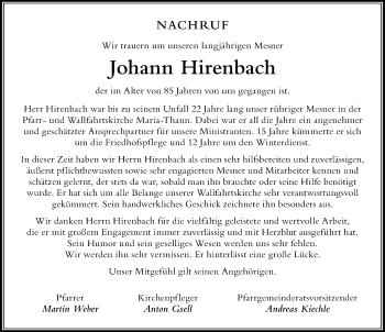 Traueranzeige von Johann Hirenbach von Der Westallgäuer