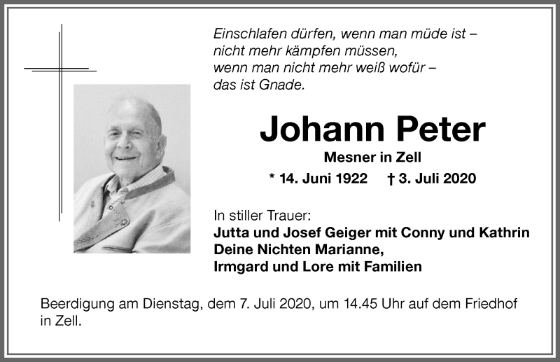  Traueranzeige für Johann Peter vom 04.07.2020 aus Memminger Zeitung