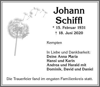 Traueranzeige von Johann Schiffl von Allgäuer Zeitung,Kempten