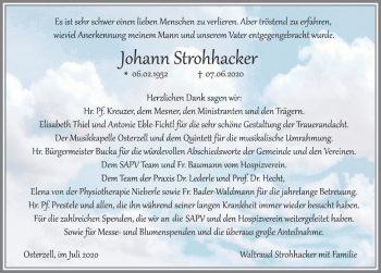 Traueranzeige von Johann Strohhacker von Allgäuer Zeitung, Kaufbeuren/Buchloe