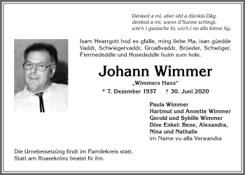 Traueranzeige von Johann Wimmer von Allgäuer Anzeigeblatt
