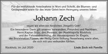 Traueranzeige von Johann Zech von Allgäuer Zeitung, Füssen