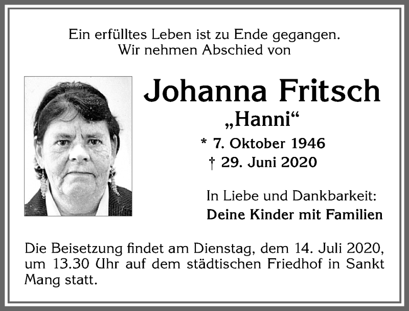  Traueranzeige für Johanna Fritsch vom 11.07.2020 aus Allgäuer Zeitung,Kempten