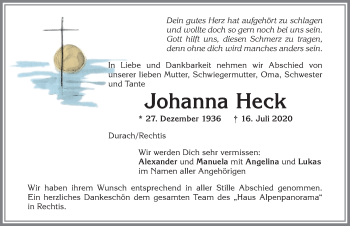 Traueranzeige von Johanna Heck von Allgäuer Zeitung,Kempten
