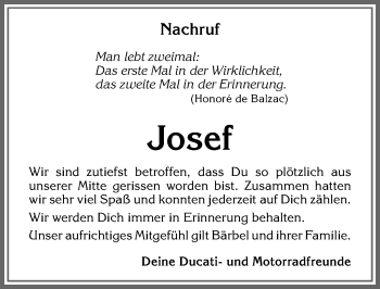 Traueranzeige von Josef  von Allgäuer Zeitung, Füssen