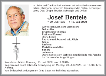 Traueranzeige von Josef Bentele von Allgäuer Zeitung, Marktoberdorf