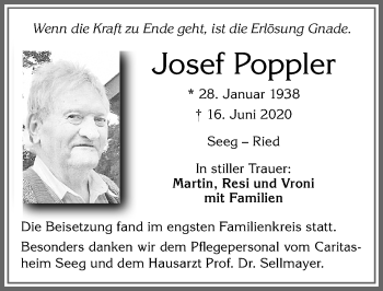 Traueranzeige von Josef Doppler von Allgäuer Zeitung, Füssen